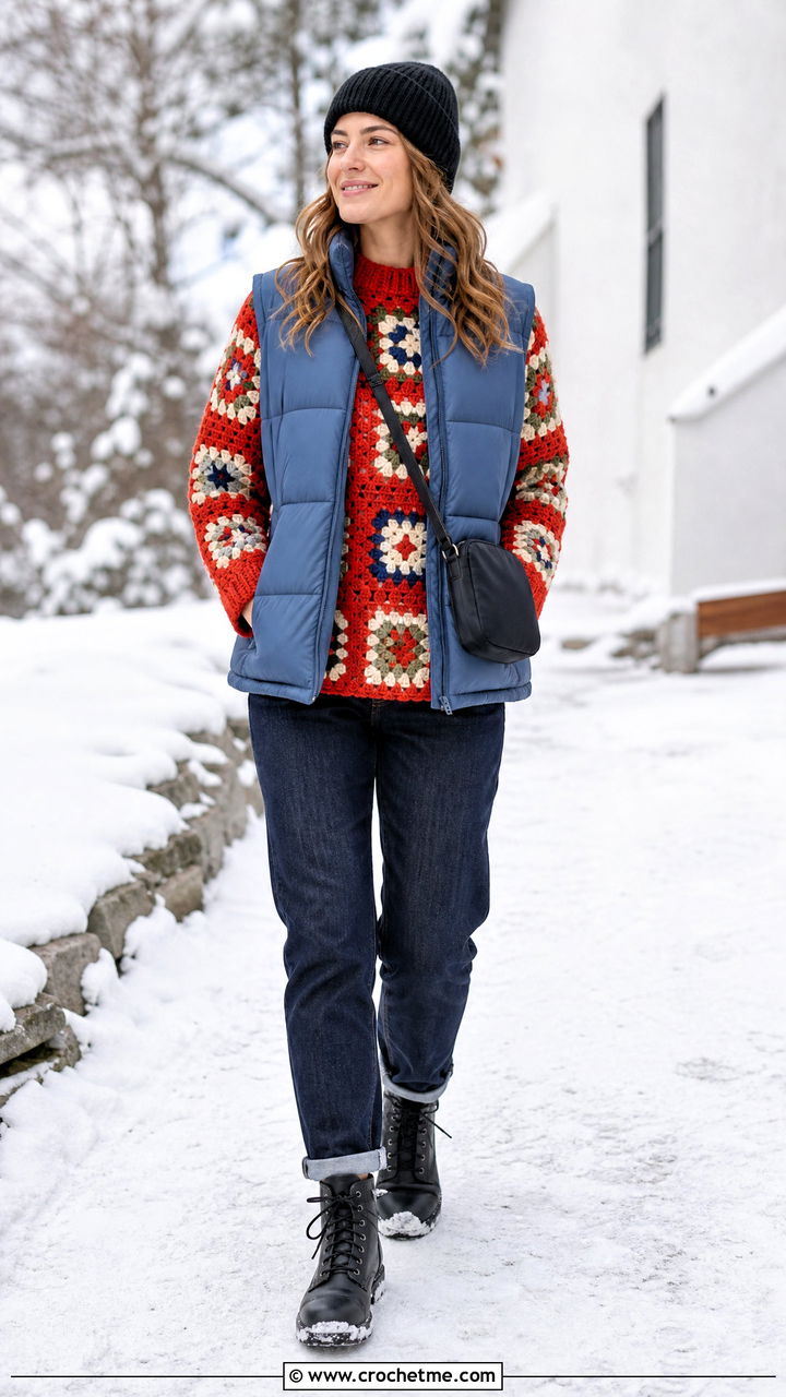 Chunky Big Granny Square Sweater With Puffer Vest - 35 big granny square sweater outfit ideas