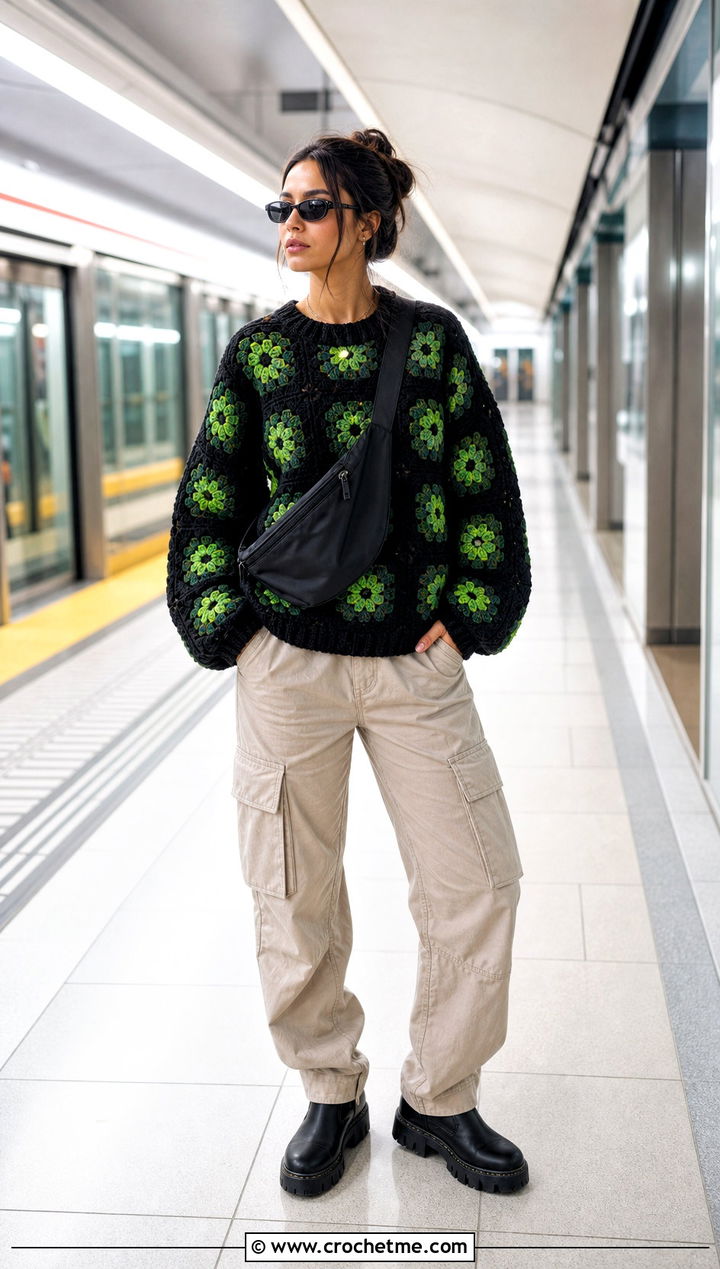 Chunky Black Granny Square Sweater With Cargo Pants - 25 black granny square sweater outfit ideas