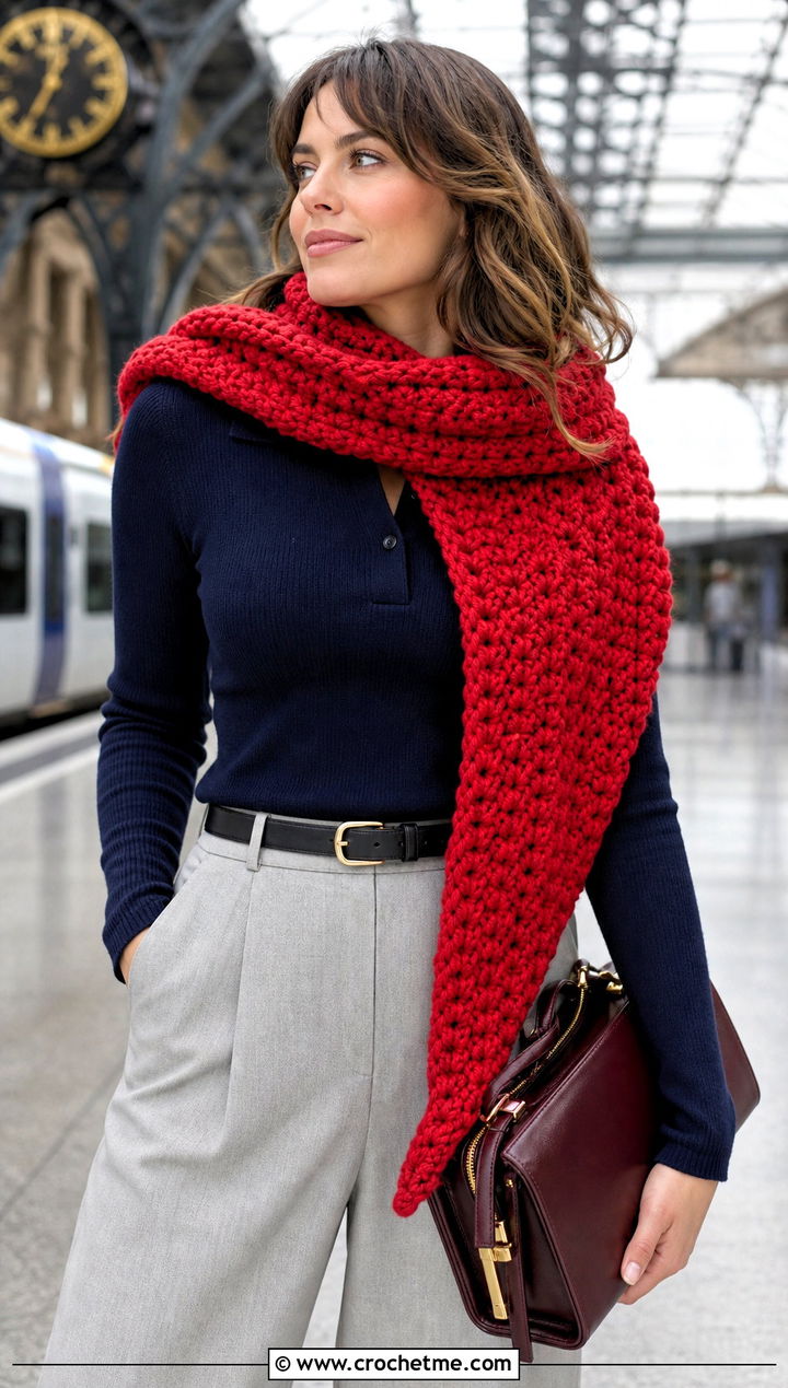 Chunky Blanket Crochet Scarf With Knit Polo And Wide Leg Pants - 25 Chunky Yarn Crochet Scarf outfit ideas