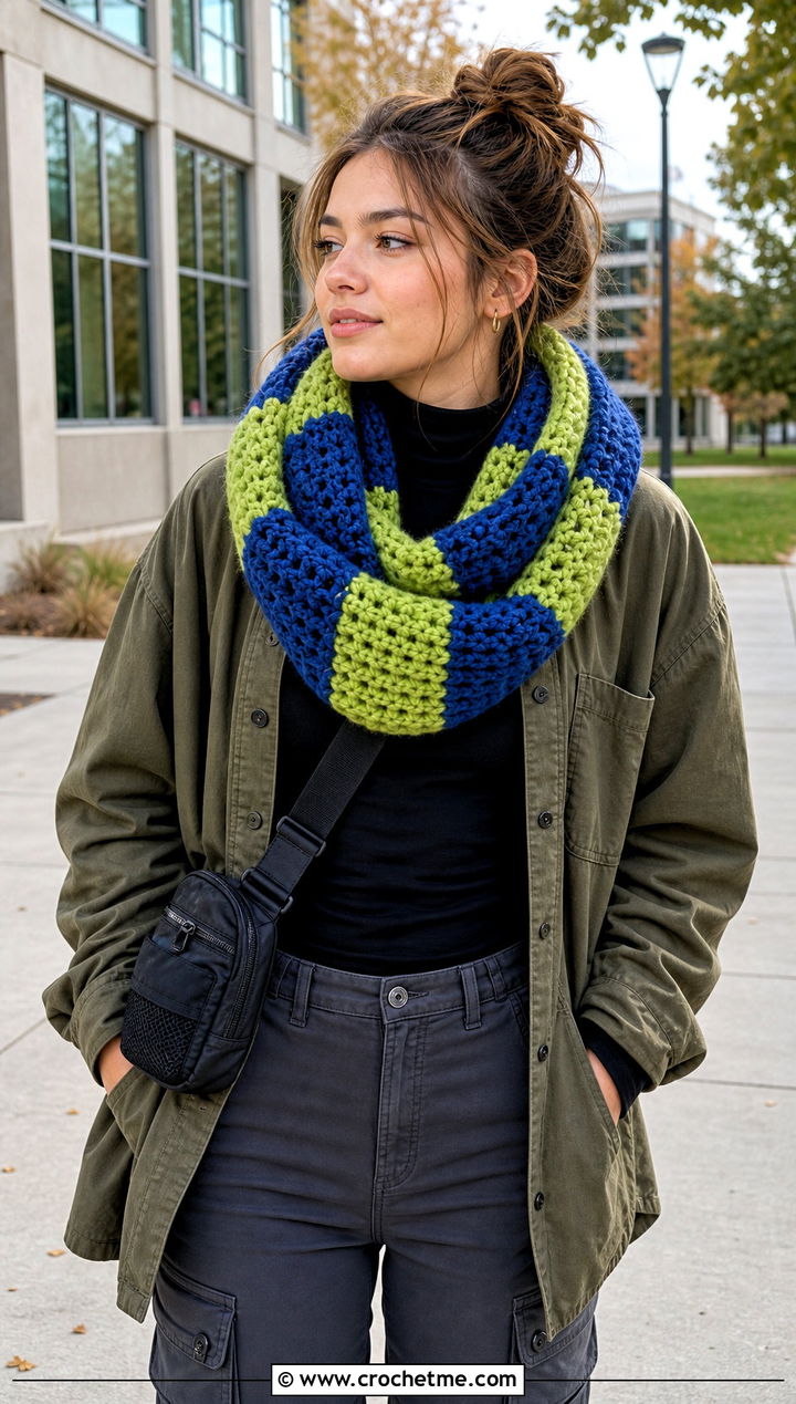 Chunky Block Stitch Infinity Scarf With Shacket And Cargo Pants - 20 Chunky Crochet Infinity Scarf outfit ideas