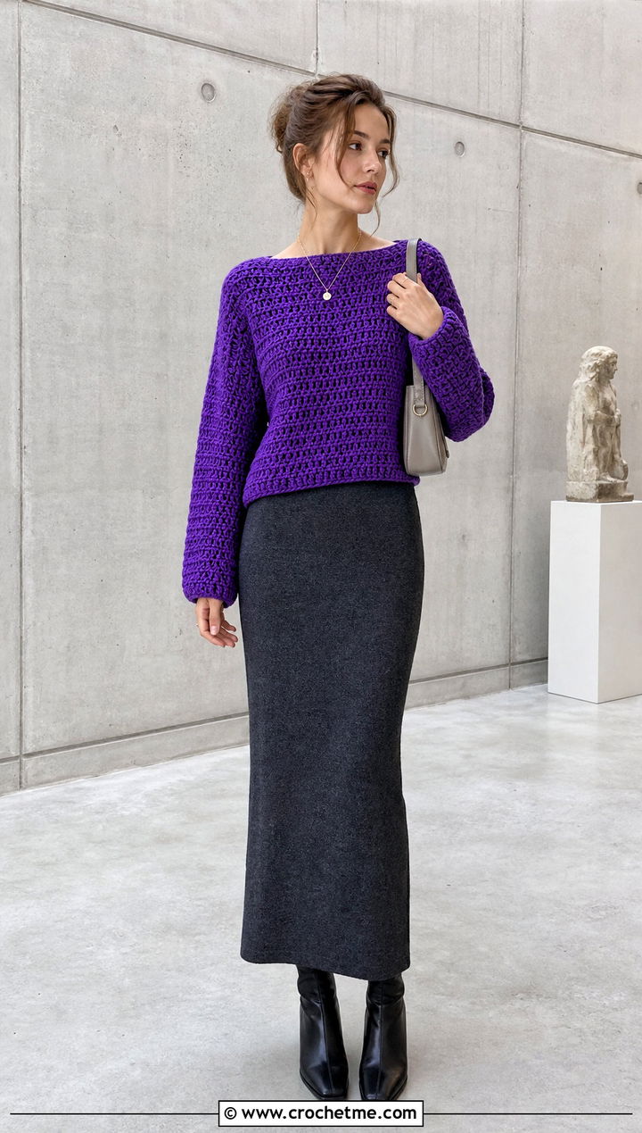 Chunky Boat Neck Crochet Top With Column Skirt - 15 Chunky Crochet Top outfit ideas