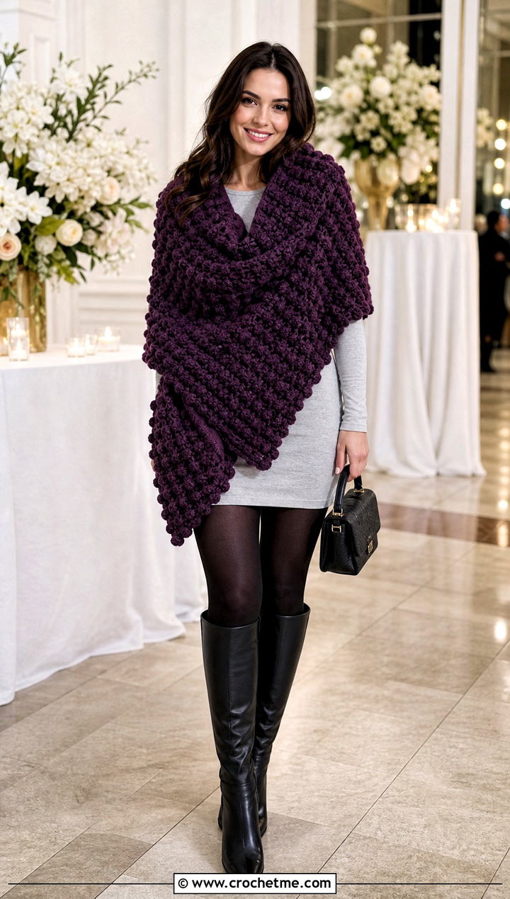 Chunky Bobble Crochet Blanket Shawl With Mini Dress - 15 Crochet Shawl Blanket outfit ideas