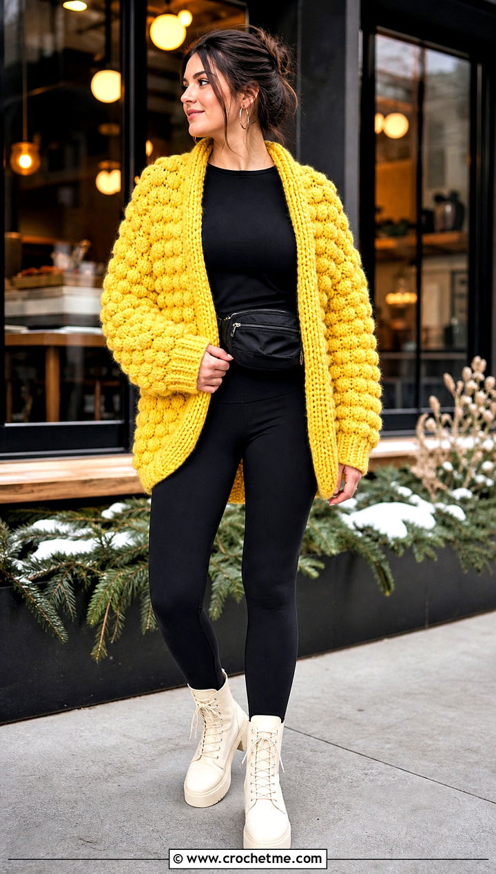 Chunky Bobble Stitch Blanket Crochet Cardigan With Leggings - 25 blanket crochet cardigan outfit ideas