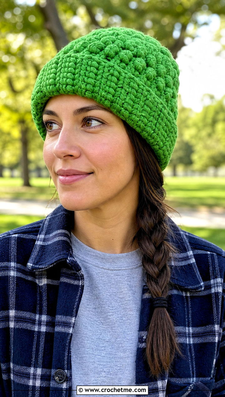Chunky Bobble Stitch Crochet Beanie With Shacket - 30 chunky yarn crochet hat outfit ideas