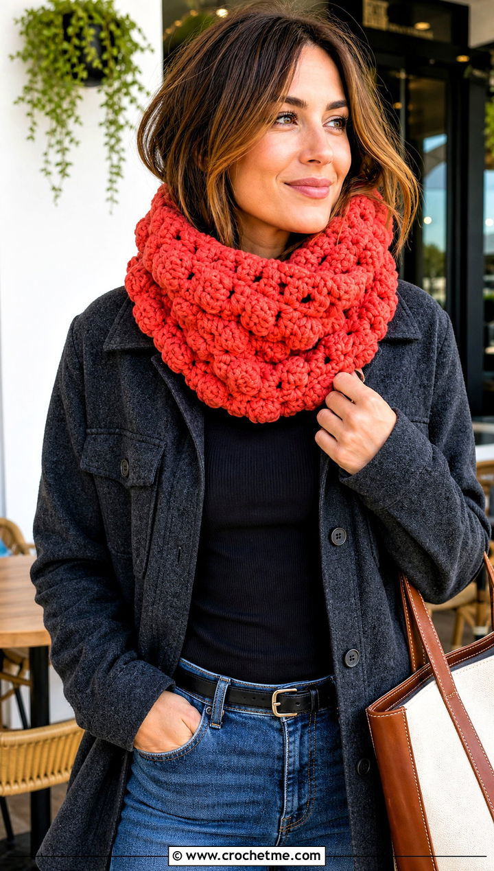 Chunky Bobble Stitch Crochet Cowl With Shacket - 30 chunky crochet cowl outfit ideas