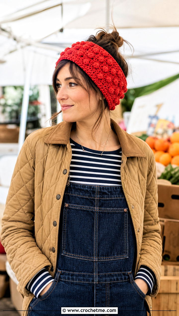 Chunky Bobble Stitch Crochet Ear Warmer With Overalls - 30 chunky yarn crochet ear warmer outfit ideas
