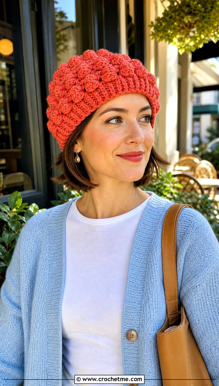 Chunky Bobble Stitch Crochet Hat With Cardigan And Jeans - 25 Easy Chunky Crochet Hat outfit ideas