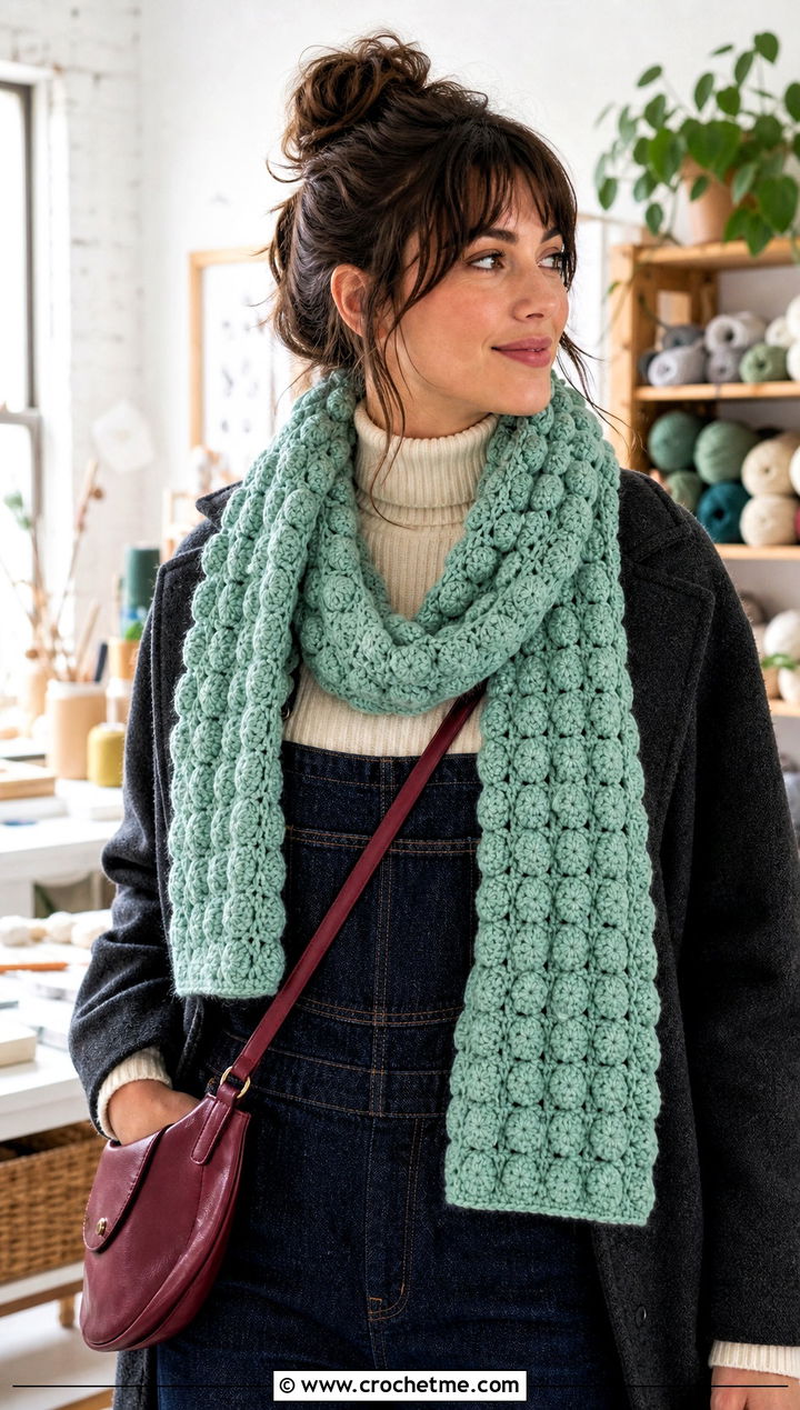 Chunky Bobble Stitch Crochet Scarf With Overalls - 25 Chunky Yarn Crochet Scarf outfit ideas