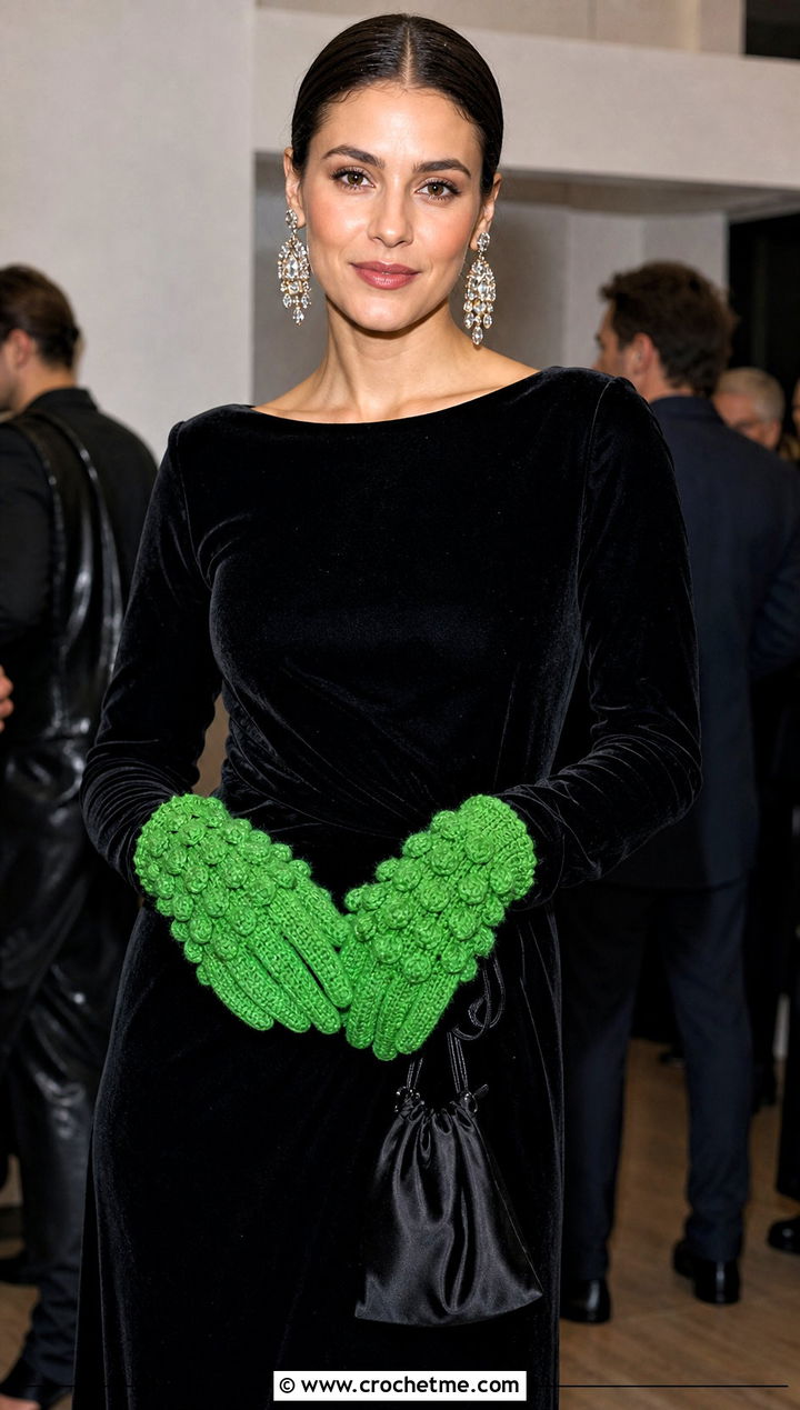 Chunky Bobble Stitch Gloves With Velvet Dress - 25 Chunky Crochet Gloves outfit ideas