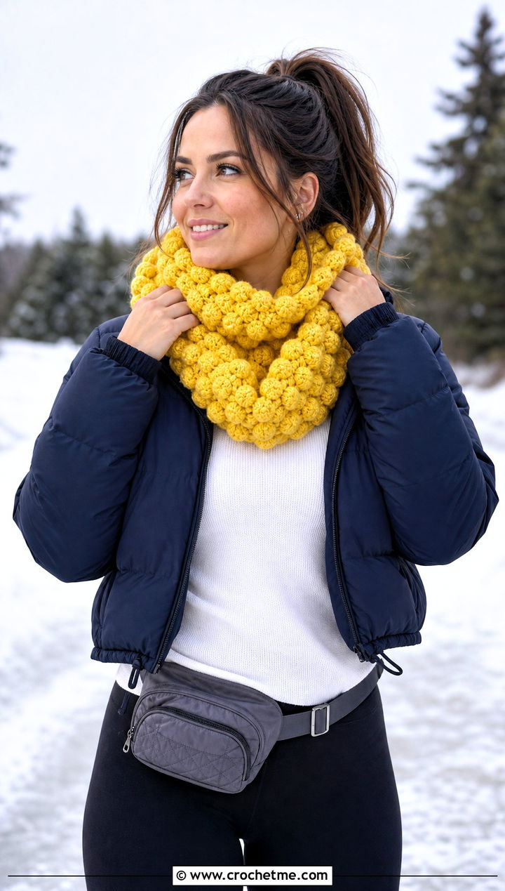 Chunky Bobble Stitch Infinity Scarf With Puffer Jacket - 20 Chunky Crochet Infinity Scarf outfit ideas