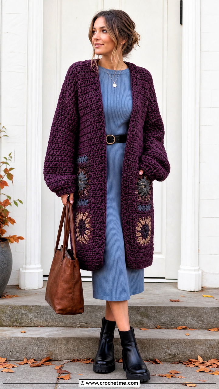 Chunky Boho Crochet Cardigan With Knit Dress - 35 Boho Crochet Cardigan outfit ideas