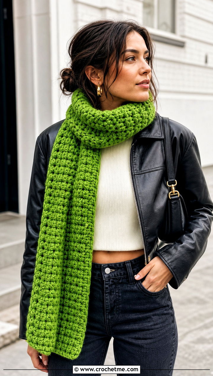 Chunky Bonfire Scarf With Leather Jacket - 20 Crochet Bonfire Scarf outfit ideas