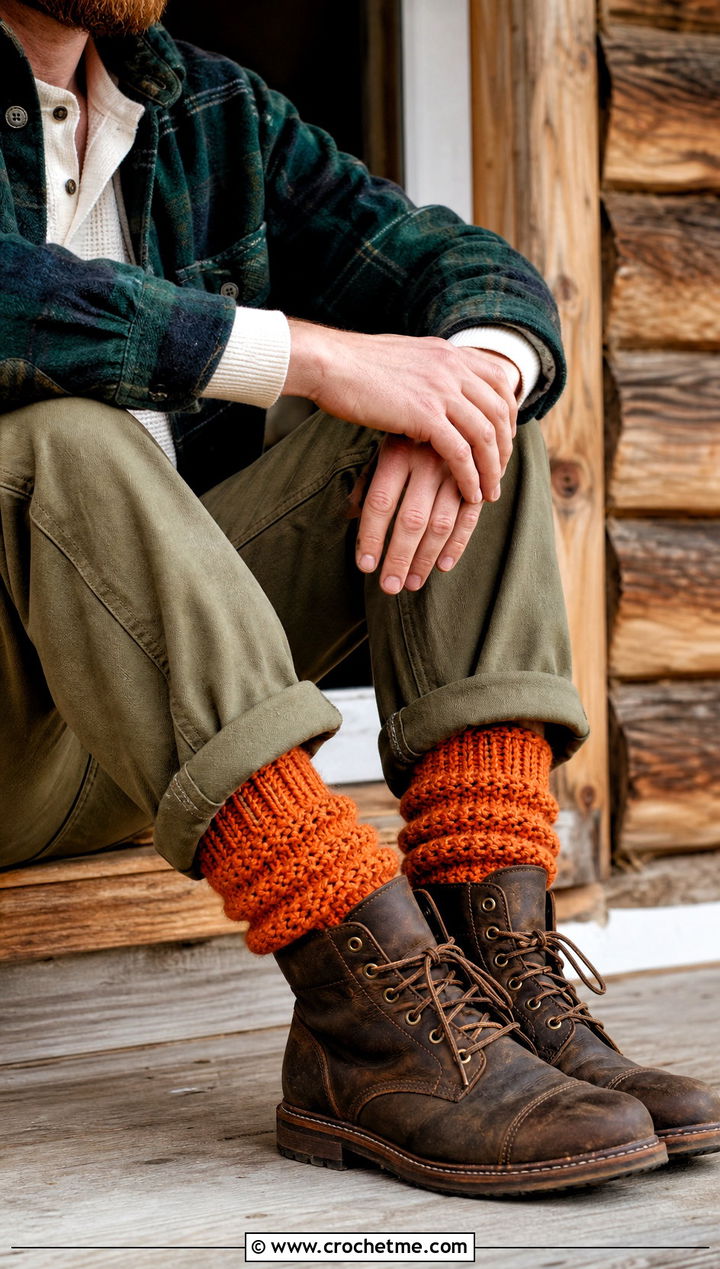 Chunky Boot Crochet Socks With Flannel And Work Pants - 25 men's crochet socks outfit ideas