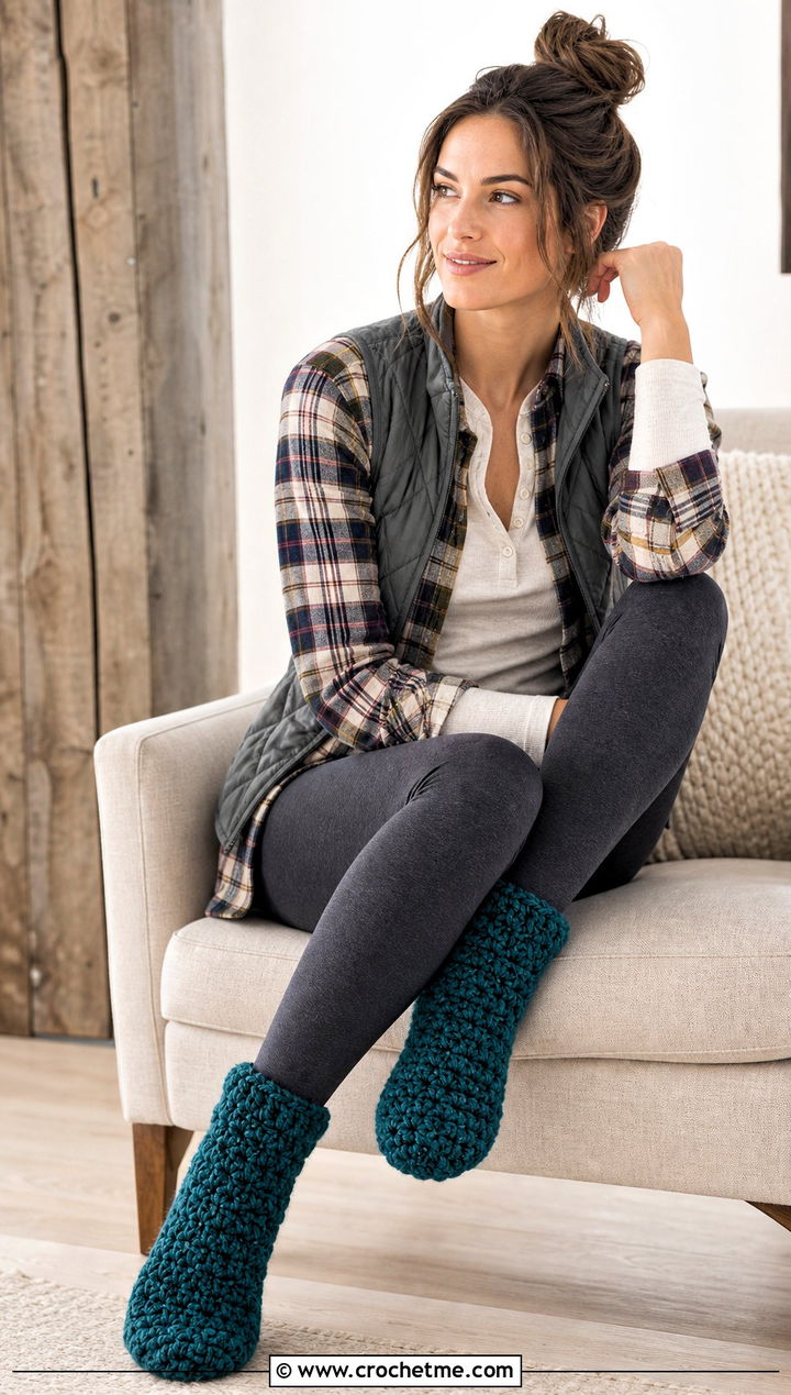 Chunky Bootie Crochet Slipper Socks With Flannel Shirt - 25 Crochet Slipper Socks outfit ideas
