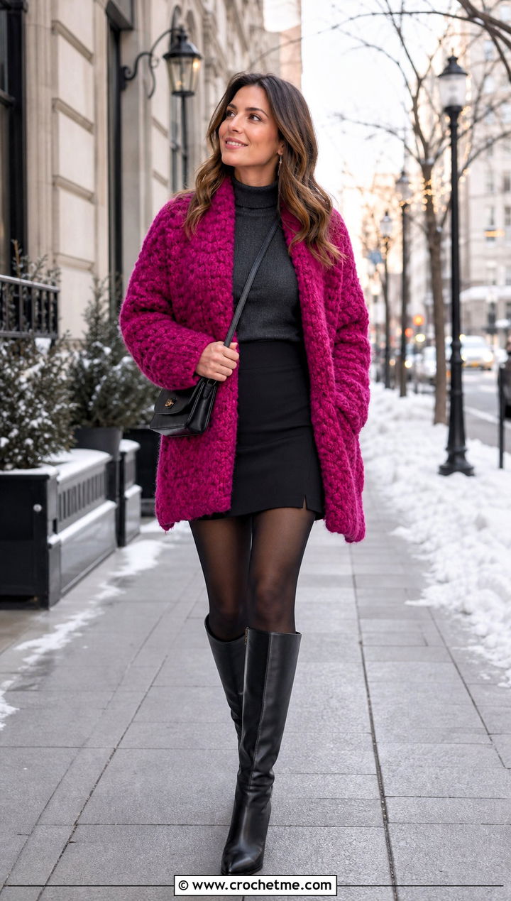 Chunky Boucle Blanket Sweater With Mini Skirt And Tights - 30 crochet blanket sweater outfit ideas