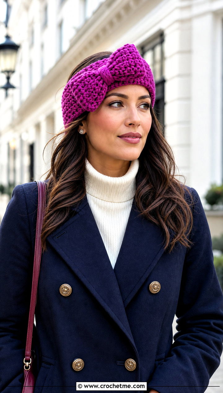 Chunky Bow Crochet Ear Warmer With Peacoat - 30 chunky yarn crochet ear warmer outfit ideas