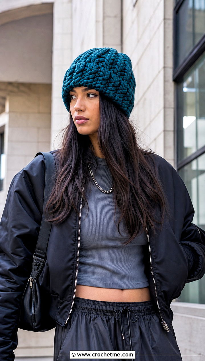 Chunky Braided Cable Beanie With Cargo Pants - 20 Crochet Cable Stitch Beanie outfit ideas
