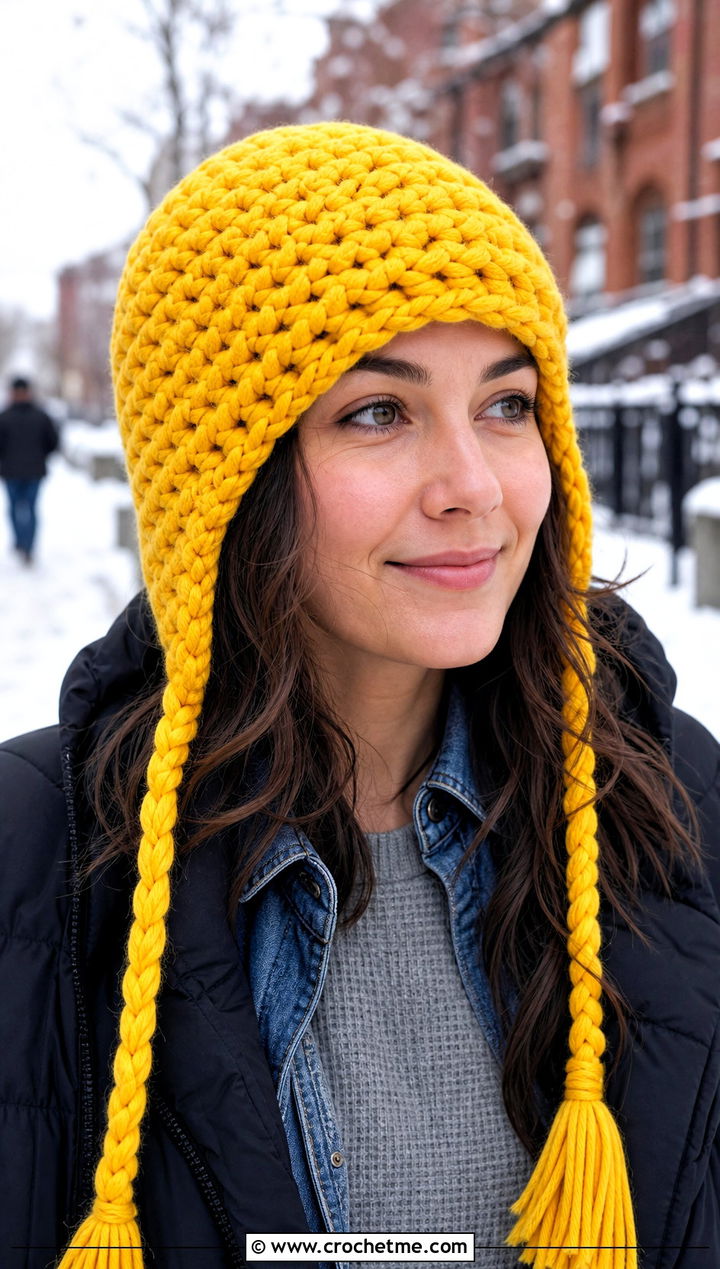 Chunky Braided Crochet Ear Flap Hat With Puffer Coat - 30 crochet adult ear flap hat outfit ideas
