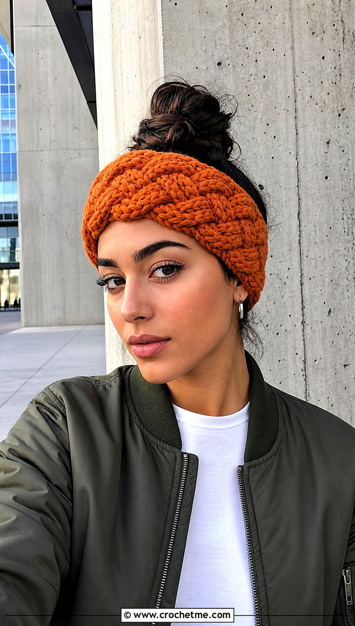 Chunky Braided Crochet Ear Warmer With Bomber Jacket And Cargo Pants - 15 Easy Crochet Headband Ear Warmers outfit ideas