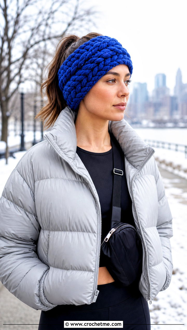 Chunky Braided Crochet Ear Warmer With Puffer Jacket And Leggings - 20 Braided Crochet Headband outfit ideas