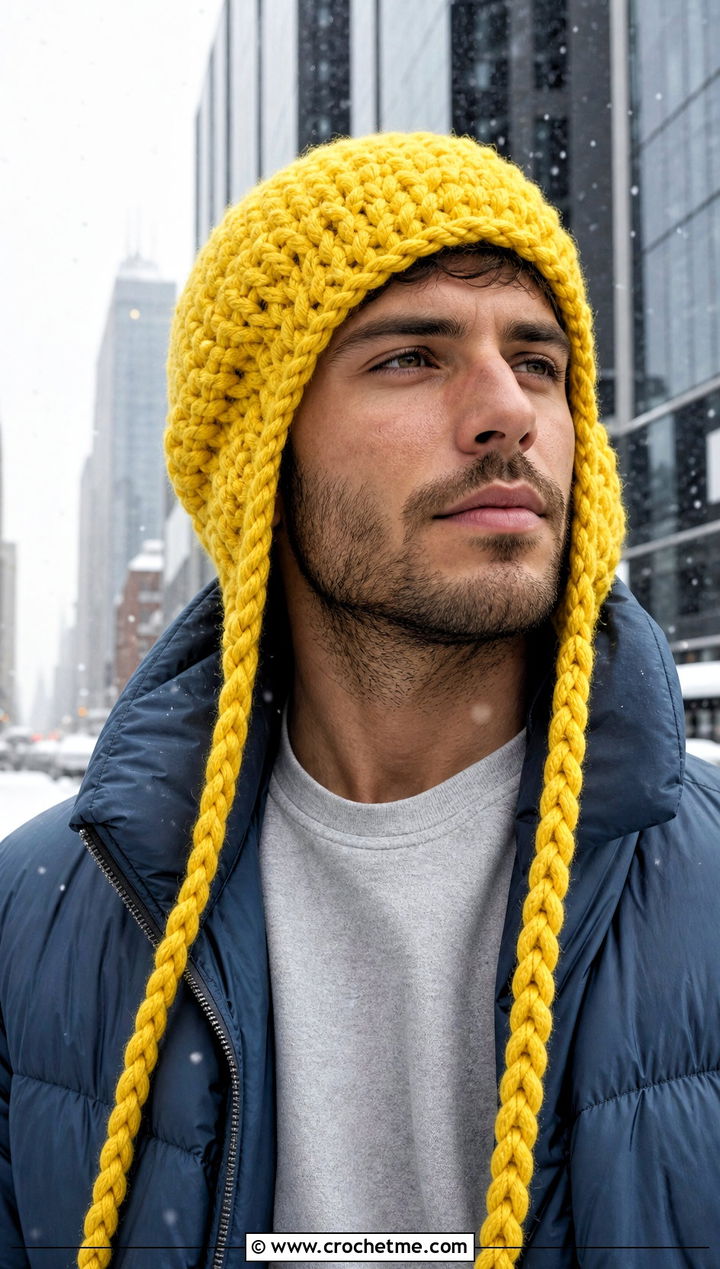 Chunky Braided Crochet Earflap Hat With Puffer Jacket - 20 Mens Crochet Earflap Hat outfit ideas
