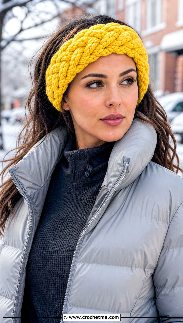 Chunky Braided Ear Warmer With Puffer Jacket - 25 crochet braid headband outfit ideas