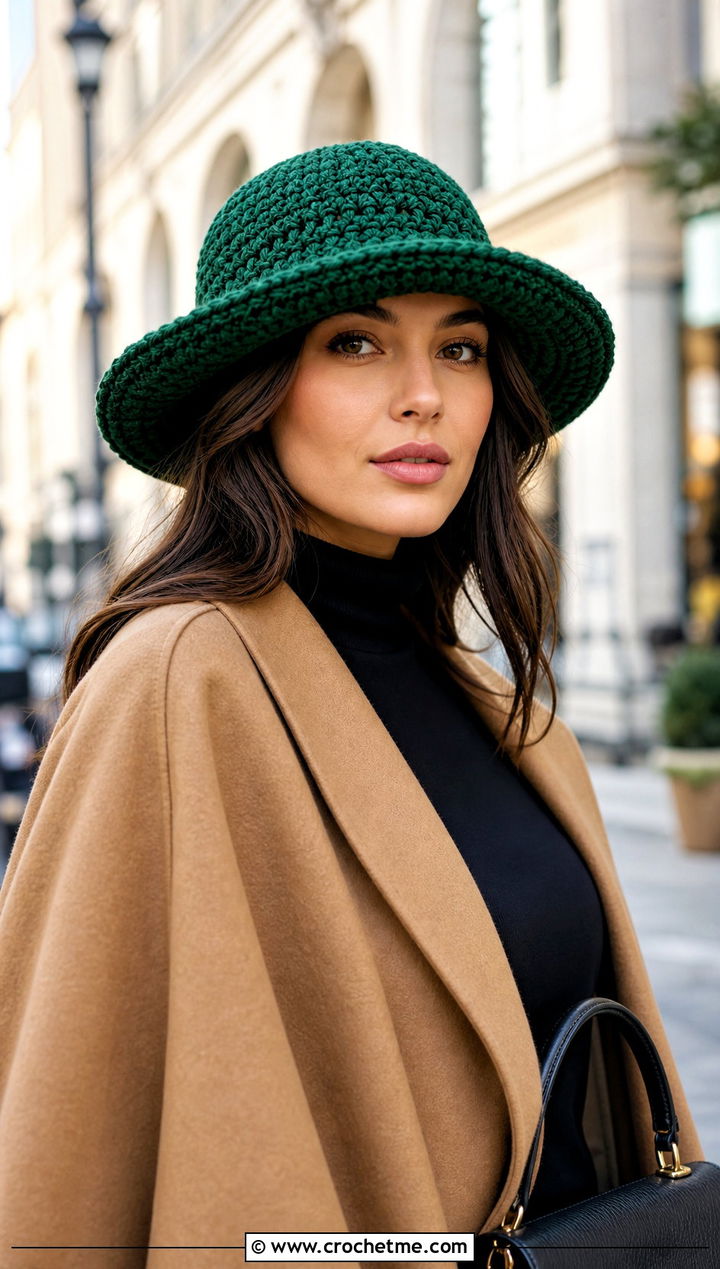 Chunky Brimmed Crochet Hat With Cape Coat - 30 chunky yarn crochet hat outfit ideas