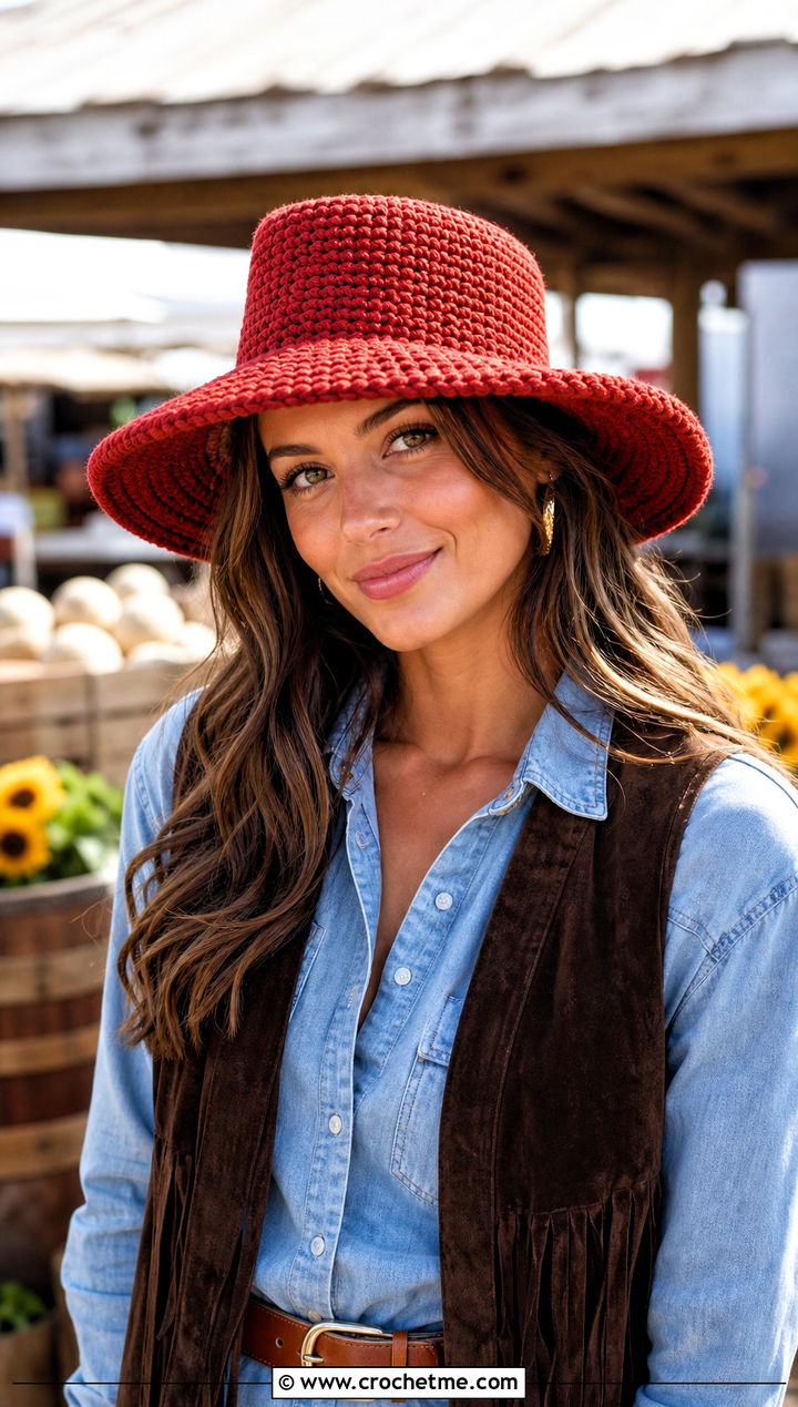 Chunky Brimmed Crochet Hat With Western Outfit - 25 Chunky Yarn Crochet Hats outfit ideas