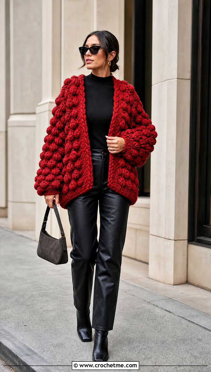 Chunky Bubble Cardigan With Leather Pants - 15 Crochet Bubble Cardigan outfit ideas