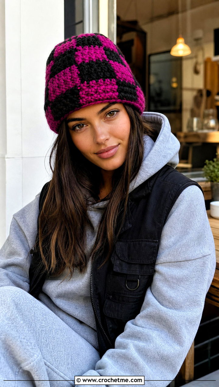 Chunky Buffalo Plaid Crochet Beanie With Hoodie And Joggers - 20 Buffalo Plaid Crochet Hat outfit ideas