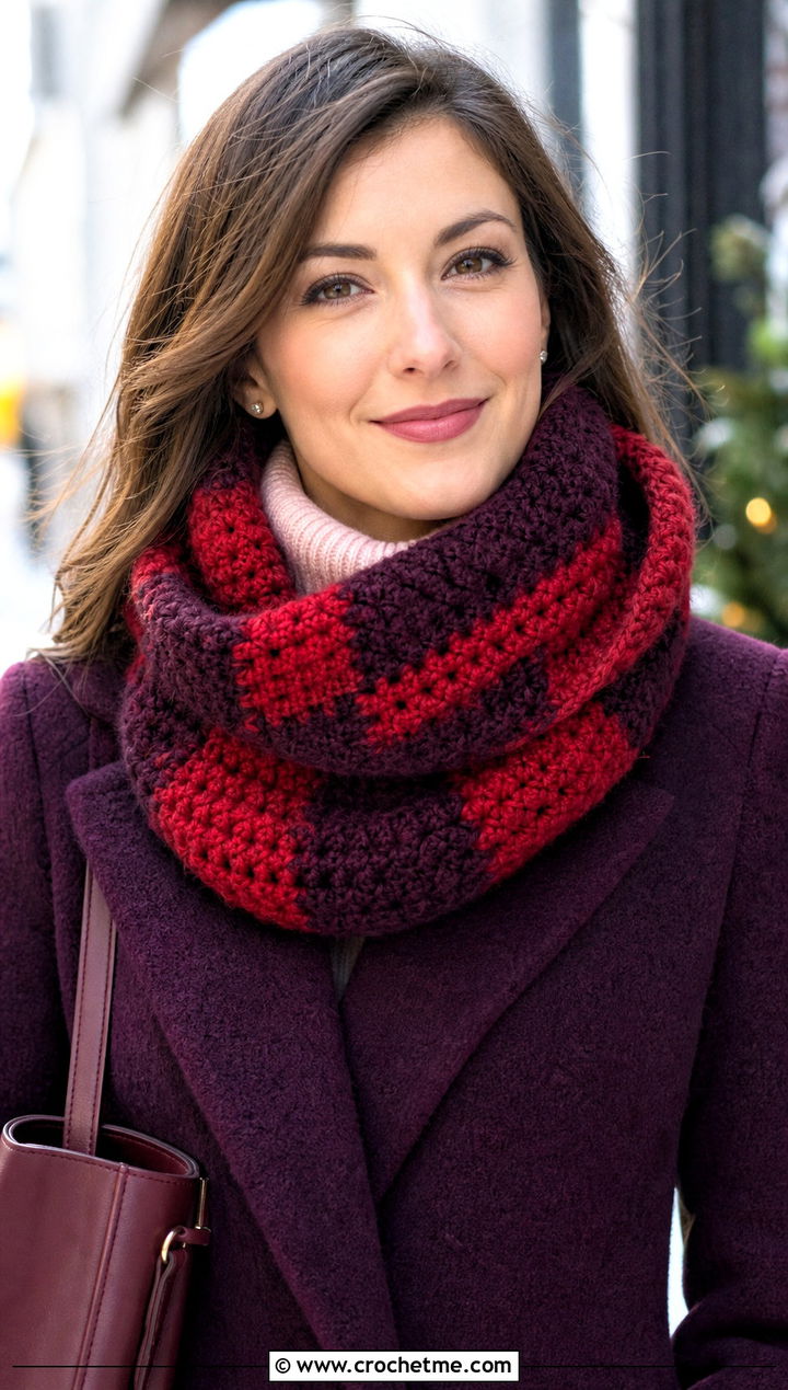 Chunky Buffalo Plaid Crochet Cowl With Wool Coat - 15 buffalo plaid crochet scarf outfit ideas