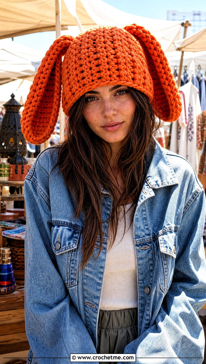 Chunky Bunny Ear Sincerity Is Scary Crochet Hat With Denim Jacket And Maxi Skirt - 15 Sincerity Is Scary Crochet Hat outfit ideas