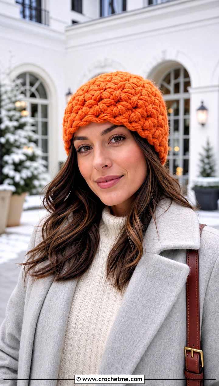 Chunky Burst Stitch Crochet Beanie With Sweater Dress - 15 burst crochet beanie outfit ideas