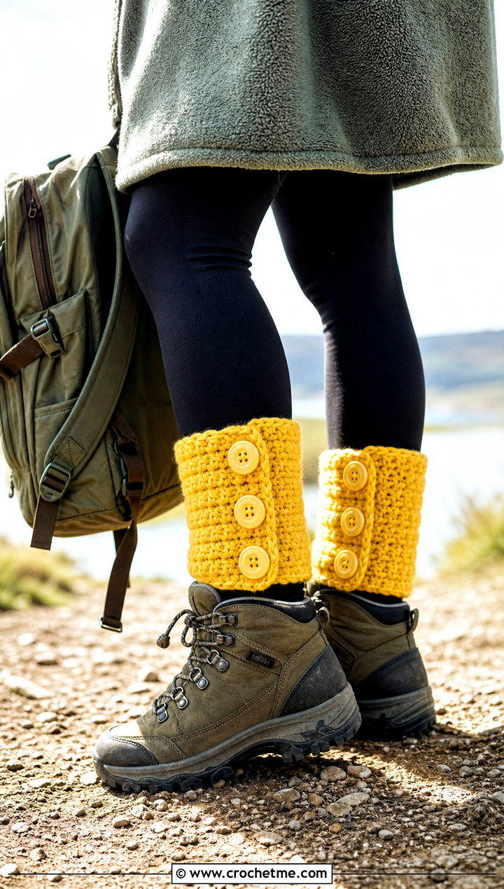 Chunky Button Crochet Boot Cuffs With Leggings and Hiking Boots - 30 crochet boot cuff outfit ideas