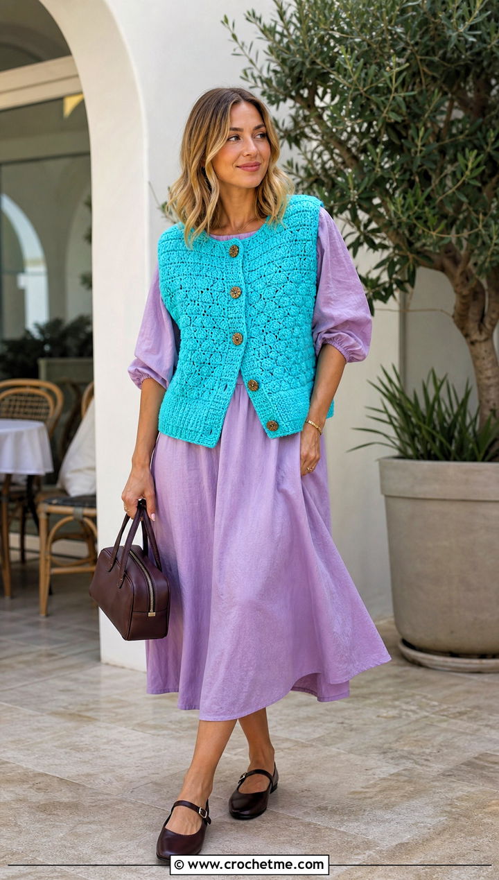 Chunky Button Front Crochet Vest With Midi Dress - 15 Chunky Crochet Top outfit ideas