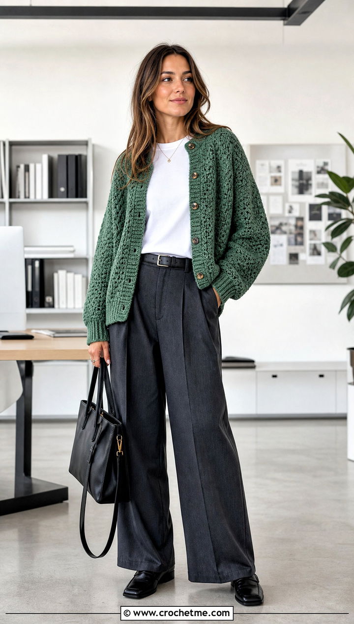 Chunky Button Front Grandpa Crochet Cardigan With Pleated Trousers - 20 grandpa crochet cardigan outfit ideas