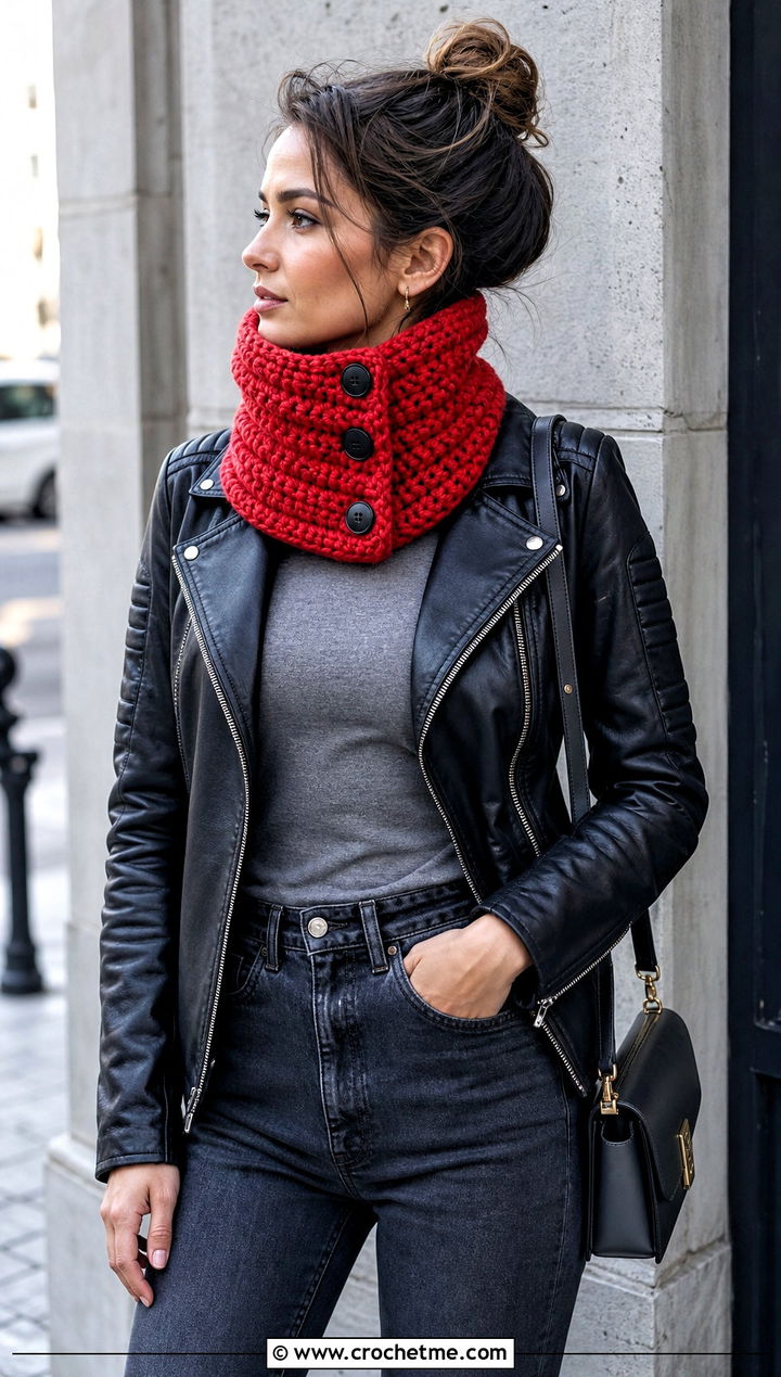 Chunky Button Neck Warmer With Leather Jacket - 15 Button Crochet Scarf outfit ideas