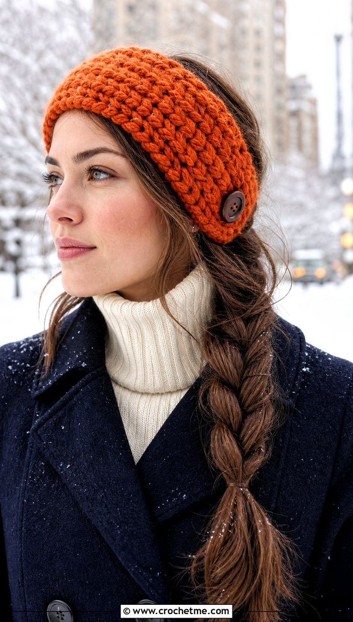 Chunky Buttoned Crochet Adjustable Ear Warmer Headband With Wool Coat - 20 Crochet Adjustable Headband outfit ideas