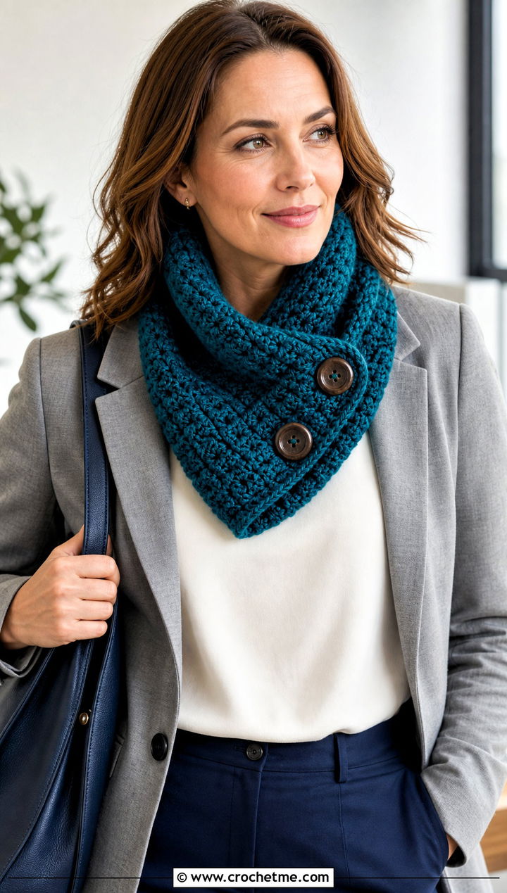 Chunky Buttoned Crochet Cowl With Blazer - 30 chunky crochet cowl outfit ideas