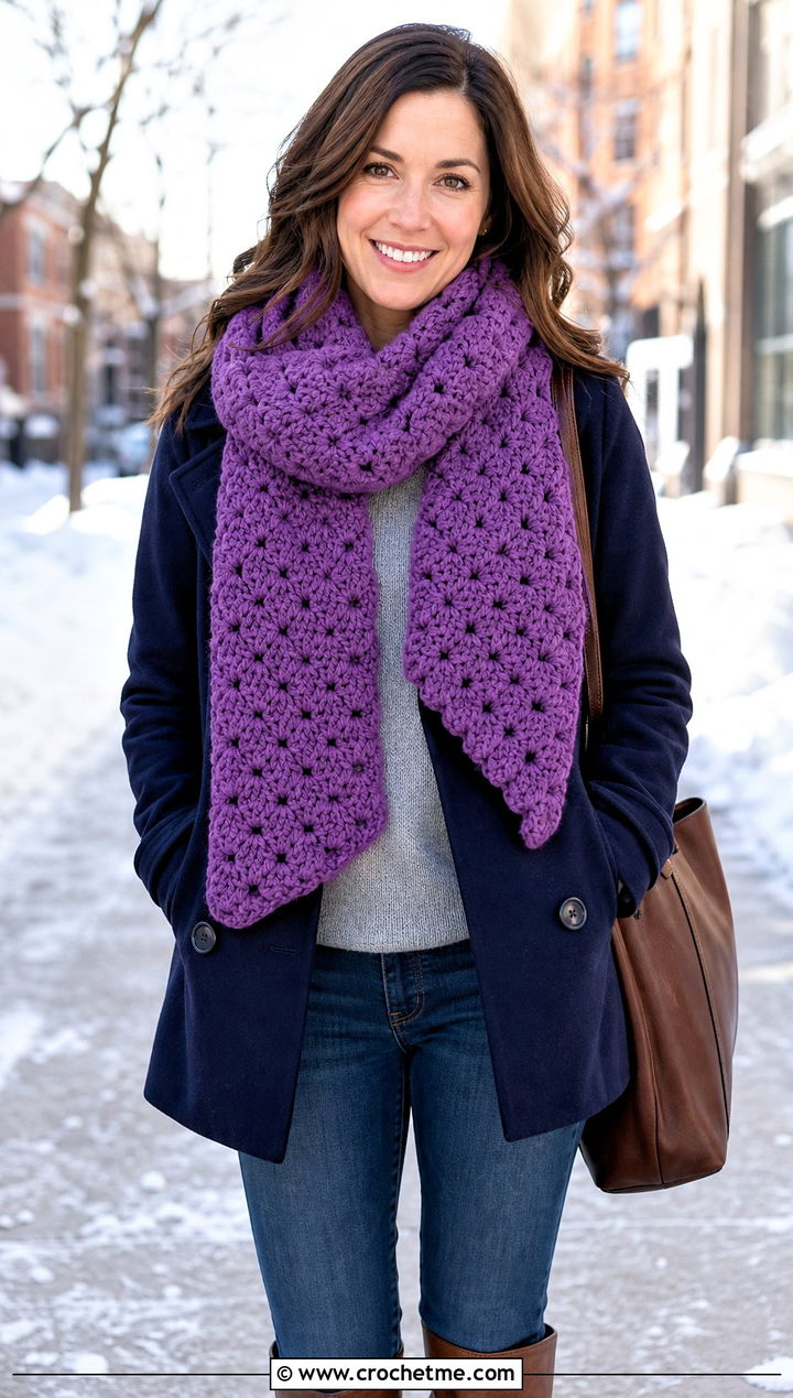 Chunky C C Scarf With Peacoat And Straight Jeans - 35 c2c crochet scarf outfit ideas