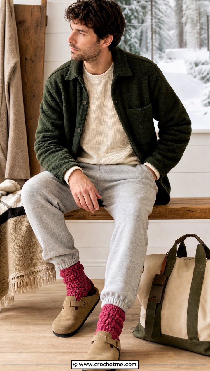 Chunky Cabin Crochet Socks With Cuffed Joggers - 25 Mens Crochet Socks outfit ideas