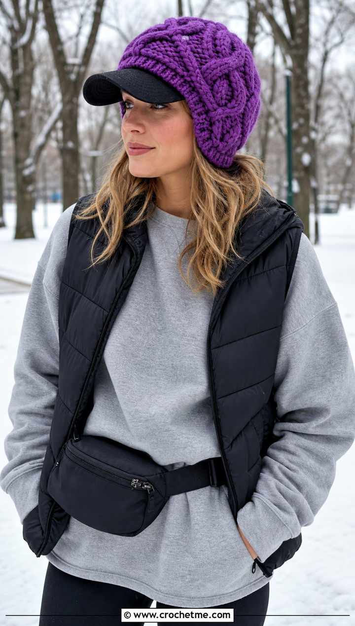 Chunky Cable Baseball Cap Ear Warmer With Leggings - 20 crochet baseball cap ear warmer outfit ideas