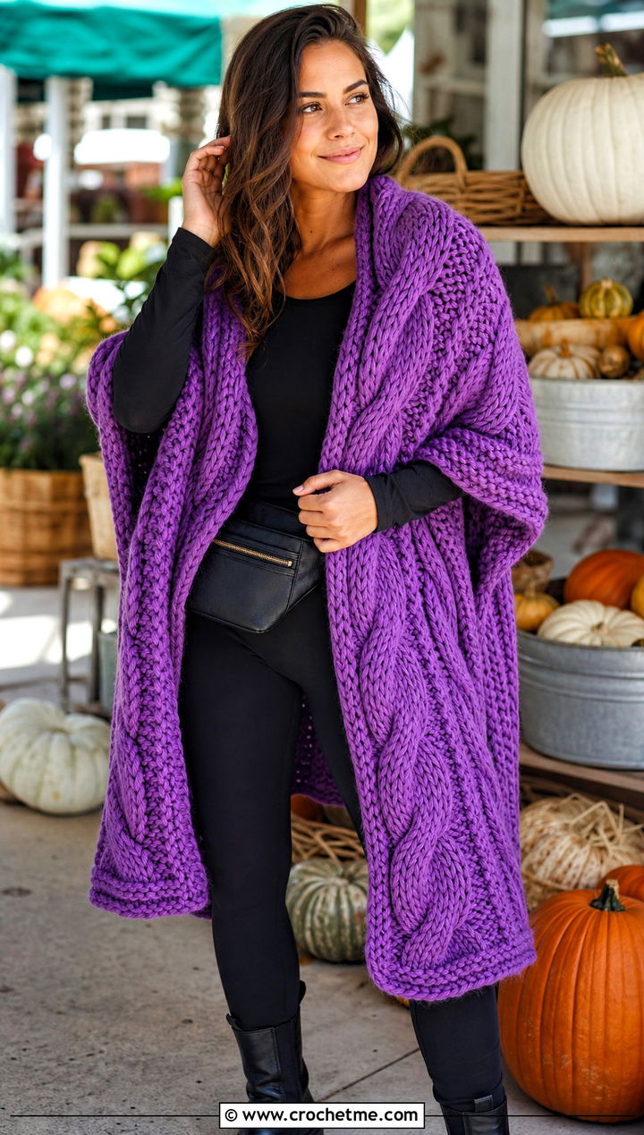 Chunky Cable Blanket Shawl With Leggings - 15 Crochet Cable Shawl outfit ideas
