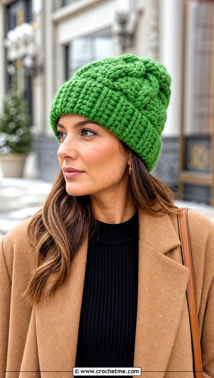 Chunky Cable Crochet Beanie With Sweater Dress - 25 Chunky Yarn Crochet Hats outfit ideas