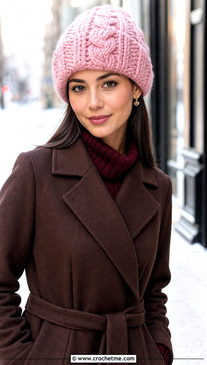 Chunky Cable Crochet Beanie With Sweater Dress - 30 chunky yarn crochet hat outfit ideas