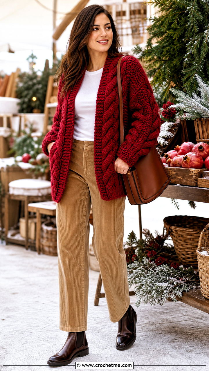 Chunky Cable Crochet Cardigan With Corduroy Trousers - 35 simple crochet cardigan outfit ideas