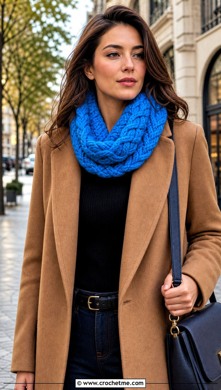 Chunky Cable Crochet Cowl With Camel Overcoat - 30 chunky crochet cowl outfit ideas