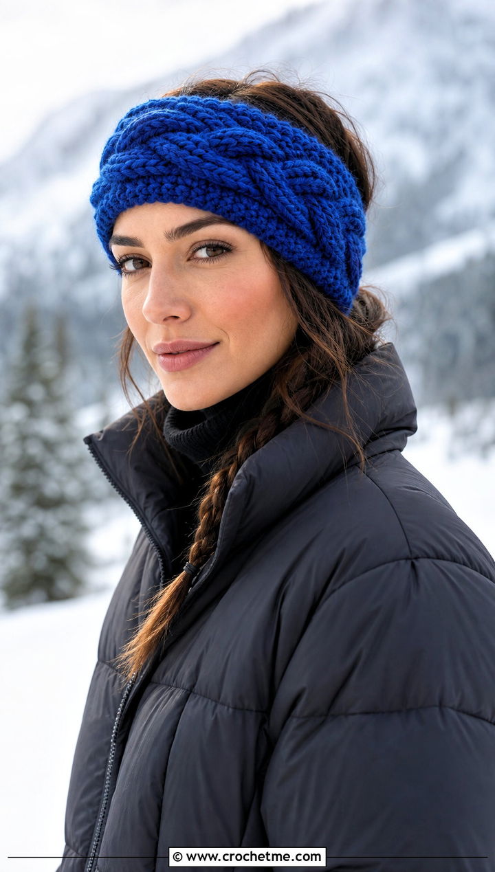 Chunky Cable Crochet Ear Headband With Puffer Jacket - 30 crochet ear headband outfit ideas