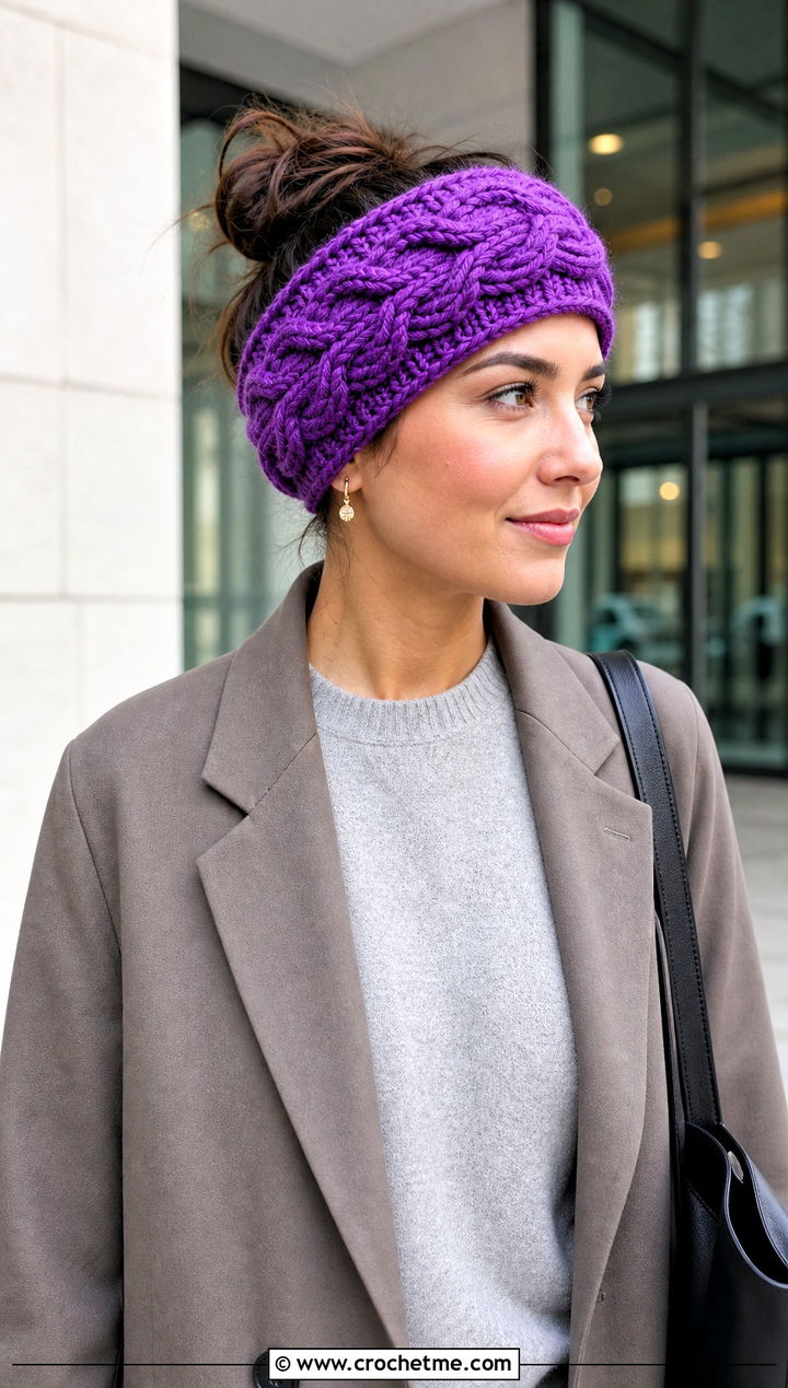 Chunky Cable Crochet Ear Warmer With Blazer - 30 chunky yarn crochet ear warmer outfit ideas