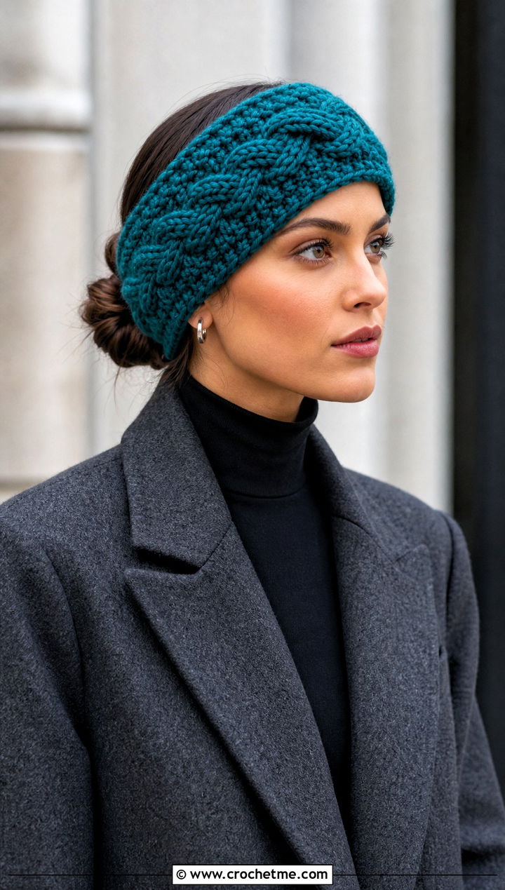 Chunky Cable Crochet Ear Warmer With Wool Coat and Trousers - 25 Simple Crochet Ear Warmer outfit ideas